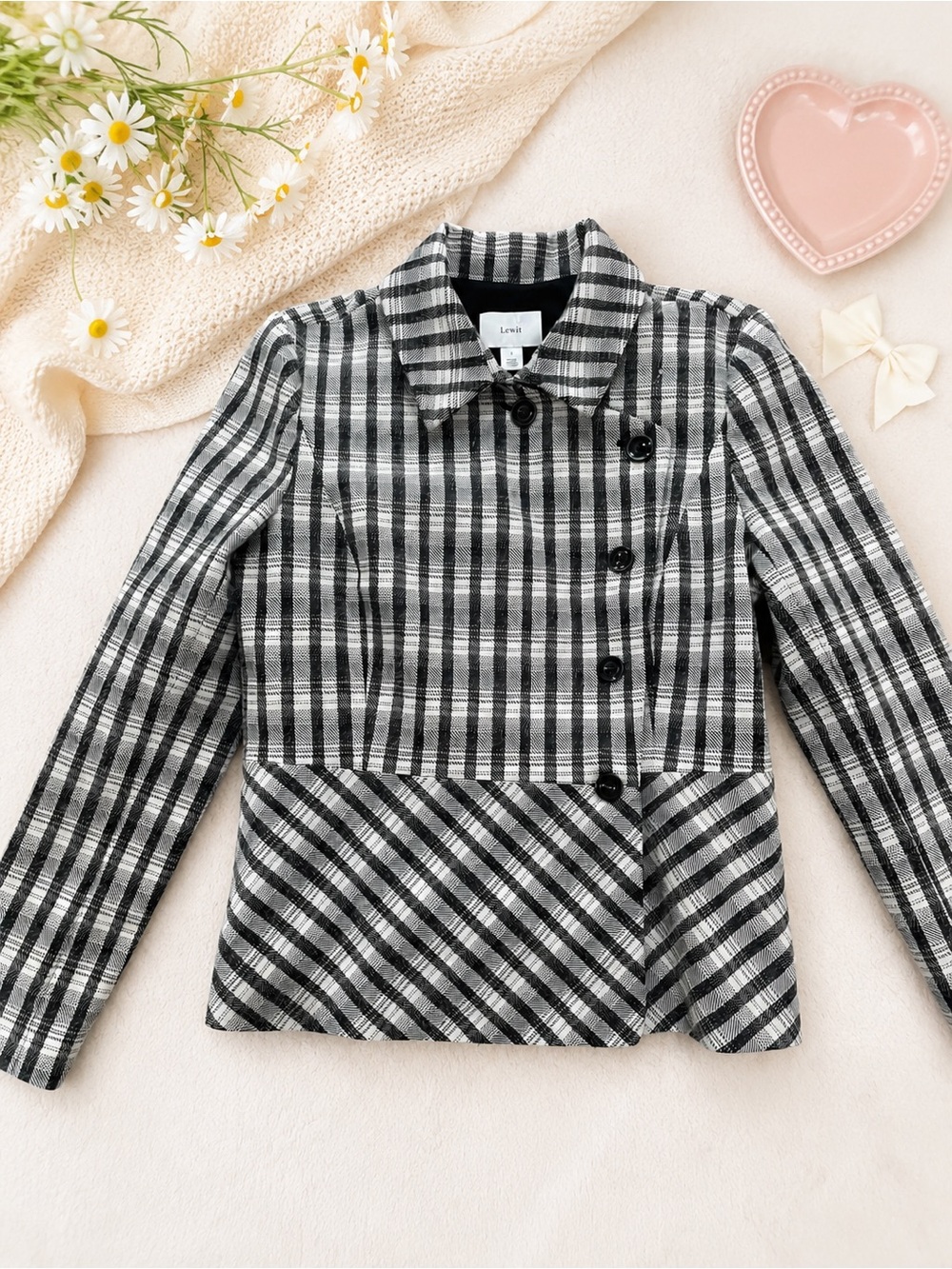 Lewit Black & White Plaid Double-Breasted Jacket Women’s Size L